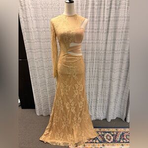 Sherri Hill One Shoulder Lace Dress in Gold